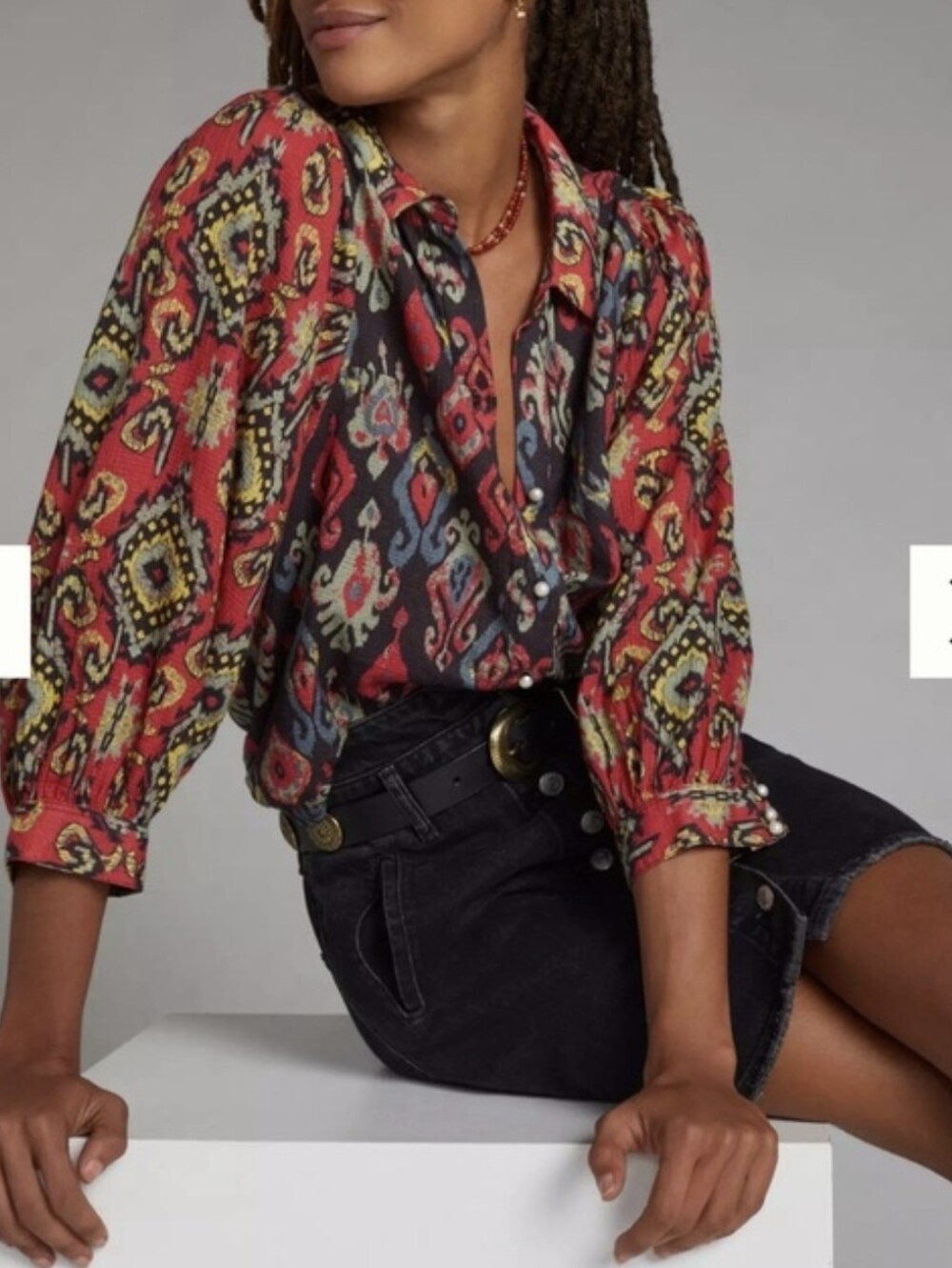 Forever That Girl Artsy Print Pearl Button Shirt Womens M Red Black Boho 90s Y2K